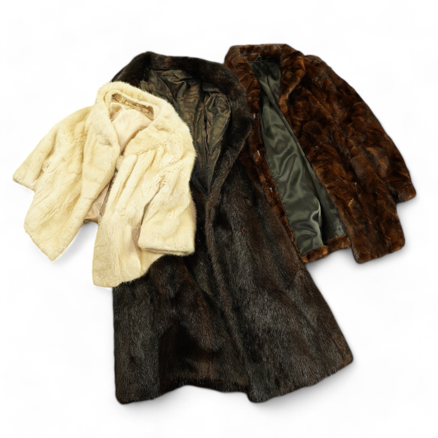 A musquash fur full length coat, a musquash fur three quarter length coat and a mink fur bolero, all approx. size 12. Condition - fair to good